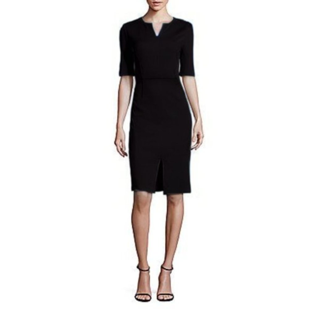 ST. JOHN Caviar Milano Knit Front Slit Split Neck Midi Length Black Sheath Dress